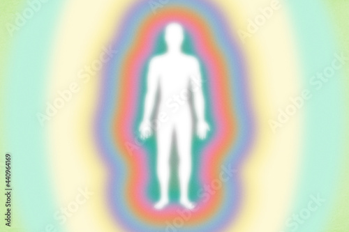 Retro feel rainbow green-yellow aura layers, energy field with human figure  - grainy, high resolution background