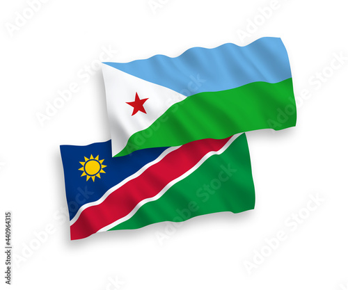 National vector fabric wave flags of Republic of Djibouti and Republic of Namibia isolated on white background. 1 to 2 proportion.