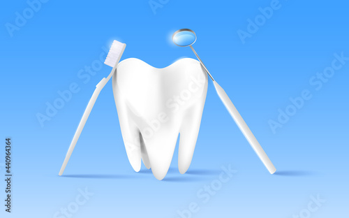 Molar tooth 3d illustration with dental equipment