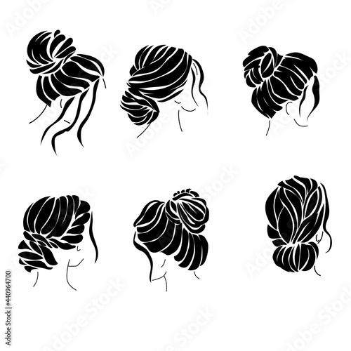 Hairstyle bun set of silhouettes, elegant womens hairstyles for hair of various lengths