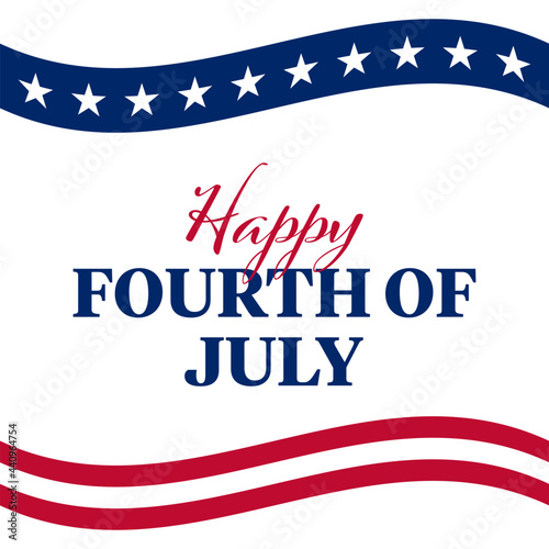 Happy 4th of July Square Banner with Typography on White Background with Waving American Flag Stars and Stripes Illustrations. Happy 4th of July Text on White Background for American Independence Day