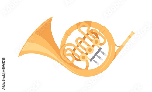 French horn, brass wind music instrument. Classical realistic twisted trumpet. Colored flat cartoon vector illustration isolated on white background