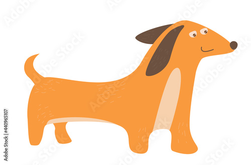 Cute dog dachshund isolated on white transparent background. Vector flat design children s illustration. Side view. Animal drawing. Side view