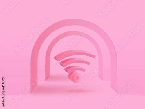 Minimal arch corridor background with 3d WiFi networking icon