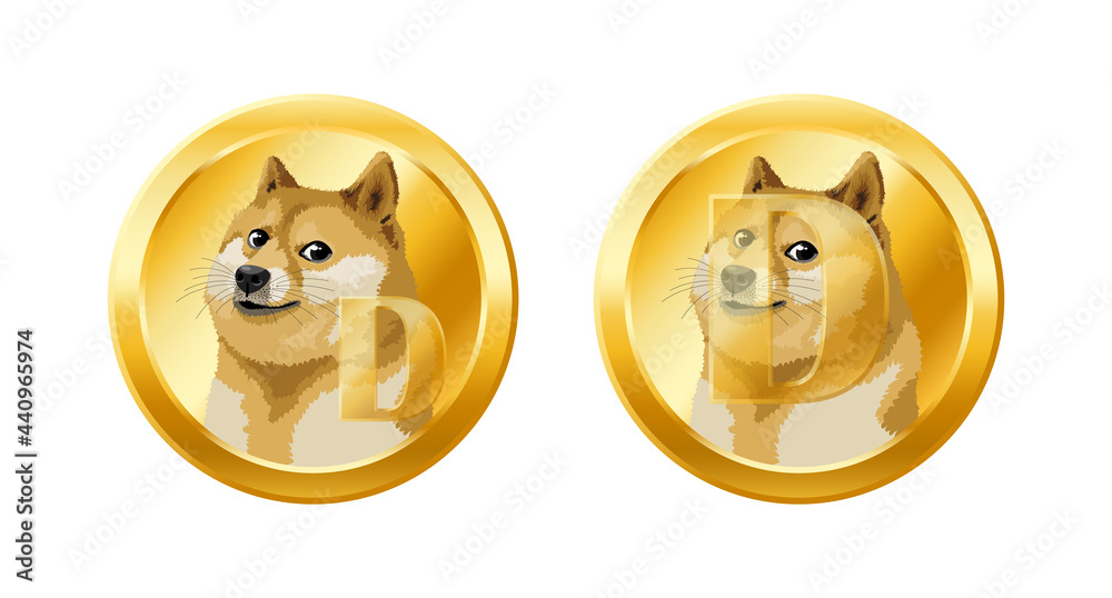 Dogecoin DOGE cryptocurrency isolated on white background. Stock crypto. Face of the Shiba Inu dog in space on coin.