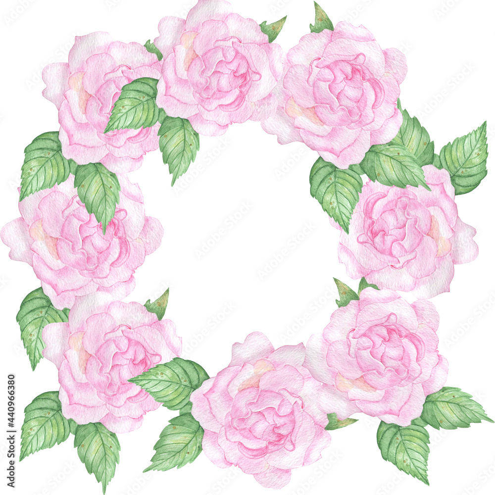 Watercolor wreath from delicate pink roses.Good for card.