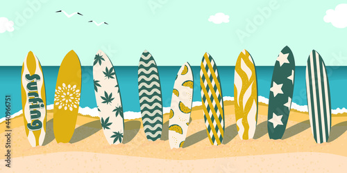 Set of beautiful surfboards on the ocean with waves. Active rest and healthy lifestyle. Summer travel. Surfing is a water sport. Vector.