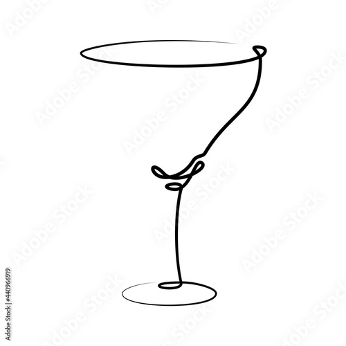 Martini wineglass on white background. Graphic arts sketch design. Black one line drawing style. Hand drawn image. Alcohol drink concept for restaurant, cafe, party. Freehand drawing style