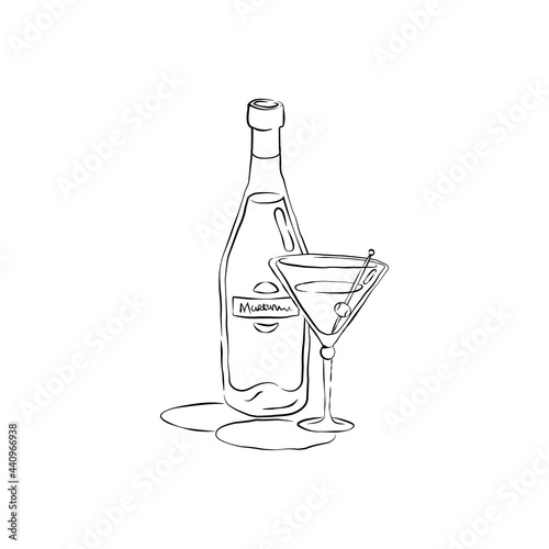 Bottle and glass martini together in hand drawn style. Beverage outline icon. Restaurant illustration for celebration design. Retro sketch. Line art. Design element. Isolated on white background