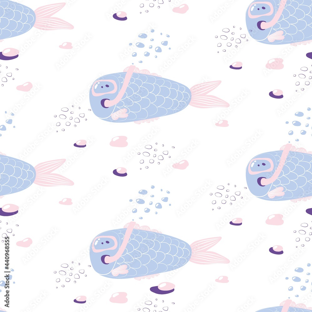 Funny cartoon fish in underwater mask on white background. Seamless vector pattern with cartoon blue fish with pink fins. For children's design. Fabric pattern. Fish underwater. Funny cartoon fish in underwater mask on white background. Seamless vector pattern with cartoon blue fish with pink fins. For children's design. Fabric pattern. Fish underwater.