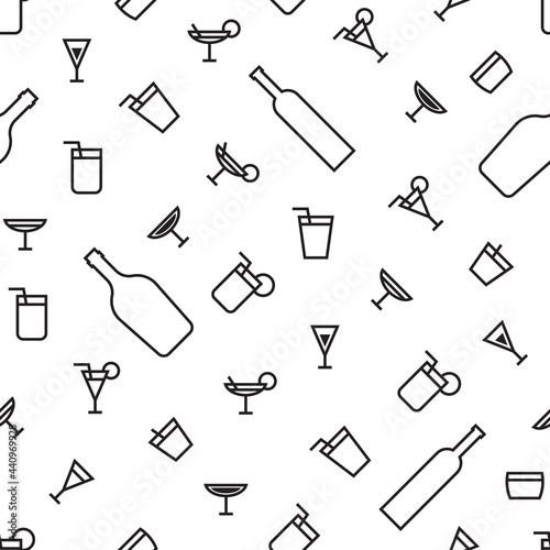 Seamless pattern of monochrome minimalistic cocktail alcoholic drinking glass and bottle in flat style. ready to use for cloth, textile, wrap and other.