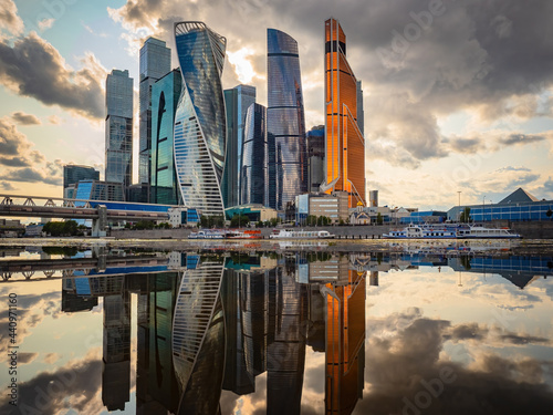 Moskva-city district in Moscow. Architecture of Russia. Skyscrapers in center of Russian capital. Business center of Moscow near river. Moscow City complex on a background of sky. Dountown in Russia