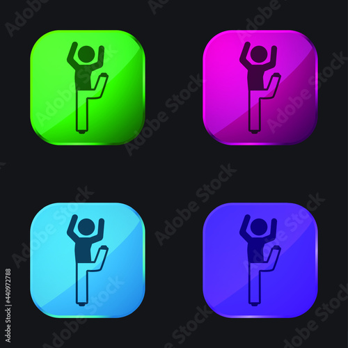Boy With Bended Leg And Arms Up four color glass button icon
