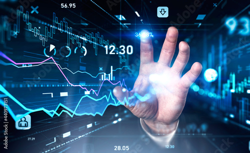 Financial graph showing increase of price in stock market, digitalization and internet trading concept, business person touching digital interface by finger. Forex. Double exposure