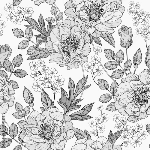 Seamless monochrome gray floral pattern with peony flowers.