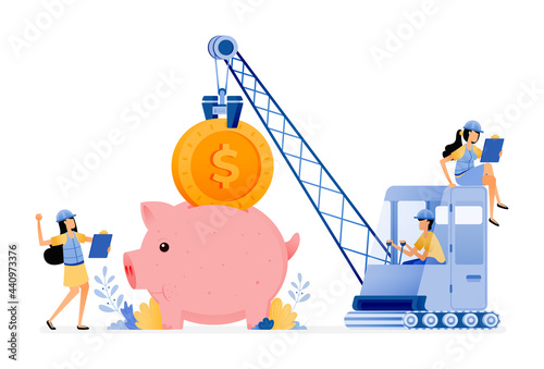 Vector Design Of Improvement Of Financial Infrastructure In Managing Customer Funds. People Try To Saving Money. Illustration Can Be For Websites, Posters, Banners, Mobile Apps, Web, Social Media, Ads