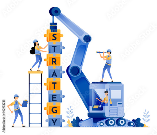 Vector Design of Build Teamwork with strategies. solving puzzles for cooperation. construction and heavy equipment. illustration Can be for websites, posters, banners, mobile apps, web, social media