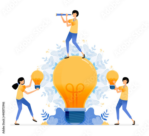 Vector Design of find and explore ideas. man standing on light bulb. people holding light bulb. enlightened thinking. illustration Can be for websites, posters, banners, mobile apps, web, social media