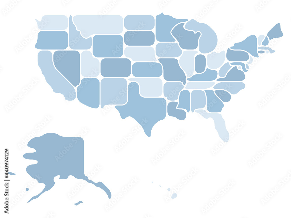 Obraz premium Simplified map of USA, United States of America. Retro style. Geometrical shapes of states with rounded borders. Simple flat blank vector map