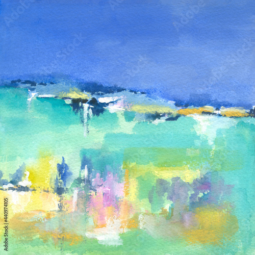 Abstract Aqua Blue Landscape wall art or wallpaper or background watercolor and pastel painting, hand drawn artwork