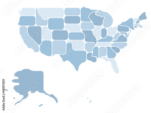 Simplified map of USA, United States of America. Retro style. Geometrical shapes of states with rounded borders. Simple flat blank vector map