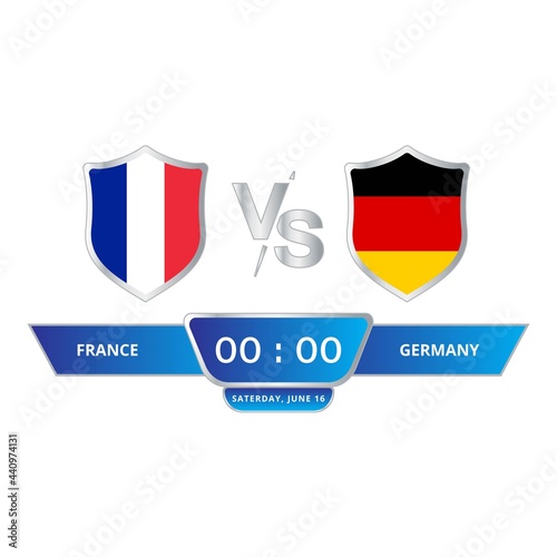Football match scoreboard with shield shape blue color lower thirds template for sports like soccer and football. France VS Germany vector illustration scoreboard broadcast lower thirds template.