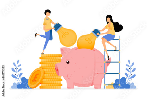 Vector Design of idea for saving and investment. light bulb on piggy bank collect ideas to get profit, margin, money. illustration Can be for websites, posters, banners, mobile apps, web, social media