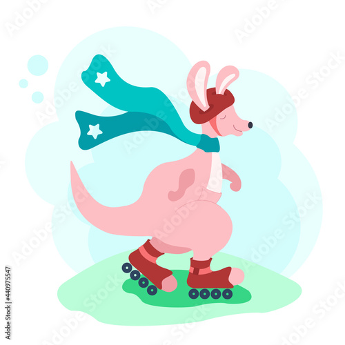 Fototapeta Naklejka Na Ścianę i Meble -  Funny cartoon kangaroo with scarf and in protective helmet is rollerblading isolated on white background. Vector illustration