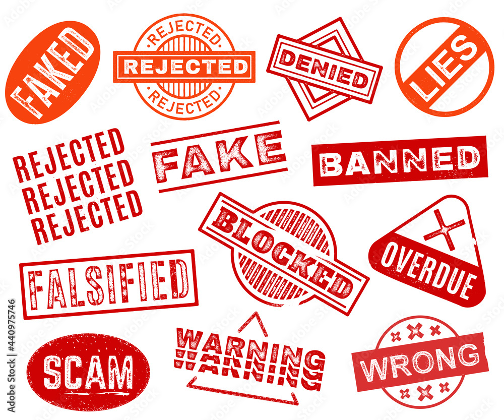 Red colored stamps with various inscriptions including Fake Scam Wrong Rejected Overdue isolated on white background Red colored stamps with various inscriptions including Fake Scam Wrong Rejected Overdue isolated on white background