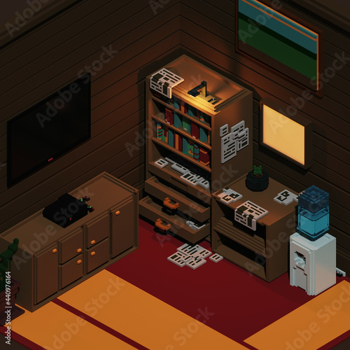 Dimly Lit Isometric Voxel Room photo