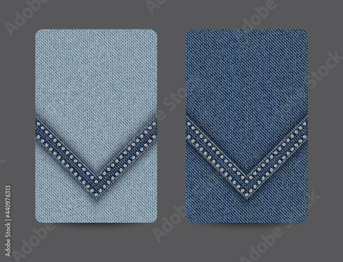 Card backgrounds with blue denim texture and wedge stripe with silver sequins