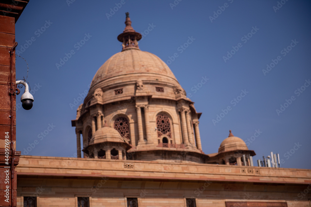 New Delhi, India, January 30 2020: camera security system installed surrounded at North Block of the Secretariat Building in New Delhi, the capital of India,
