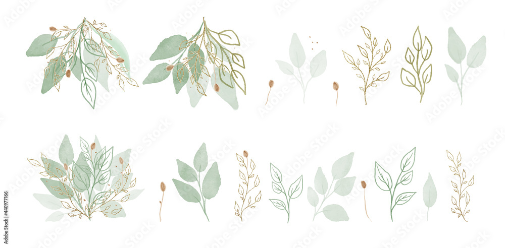 Vector Big Set botanic elements - wildflowers, herbs, leaf. Green and gold collection garden and wild foliage, flowers, herbal branch. Vector arrangements for greeting card or invitation design.