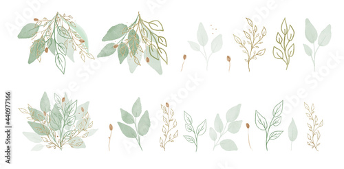Vector Big Set botanic elements - wildflowers, herbs, leaf. Green and gold collection garden and wild foliage, flowers, herbal branch. Vector arrangements for greeting card or invitation design. © ku4erashka