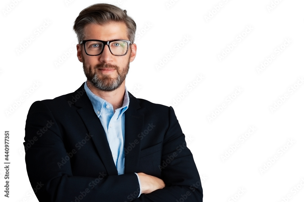 Happy businessman looking at camera and smiling while standing at isolated white background Happy businessman looking at camera and smiling while standing at isolated white background