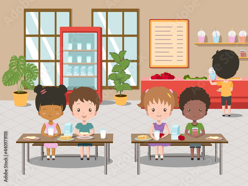 Children eat in school canteen. Vector cartoon illustration of cafeteria interior with tables, chairs. Cartoon kids eating breakfast at school clip art.