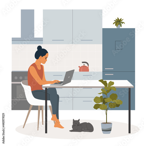 Young  woman sitting on the chair  and working with laptop in the kitchen. Cat is lying under the table. Vector flat illustration