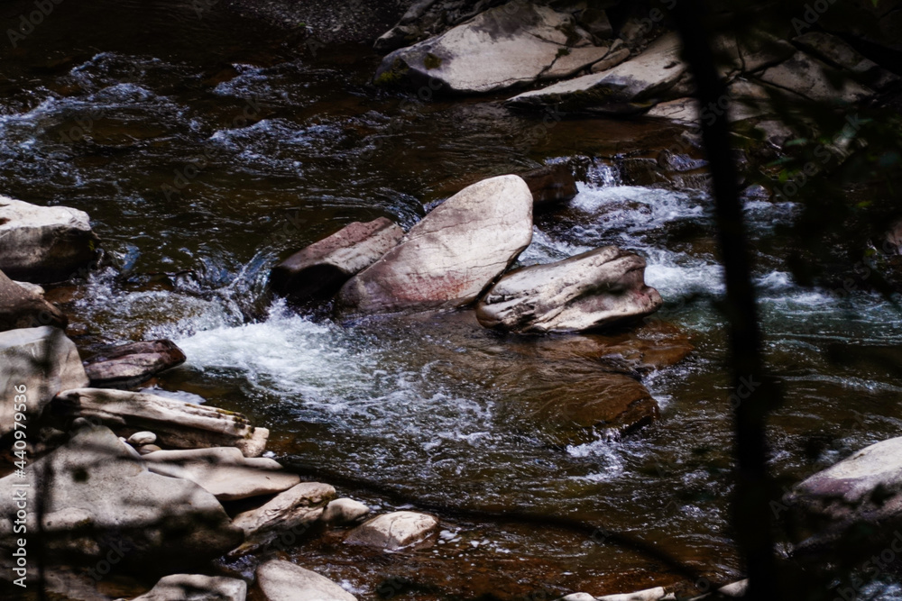 Fototapeta premium rough water in the mountains, water flows over the rocks, forest, nature, mountains, waterfall, background