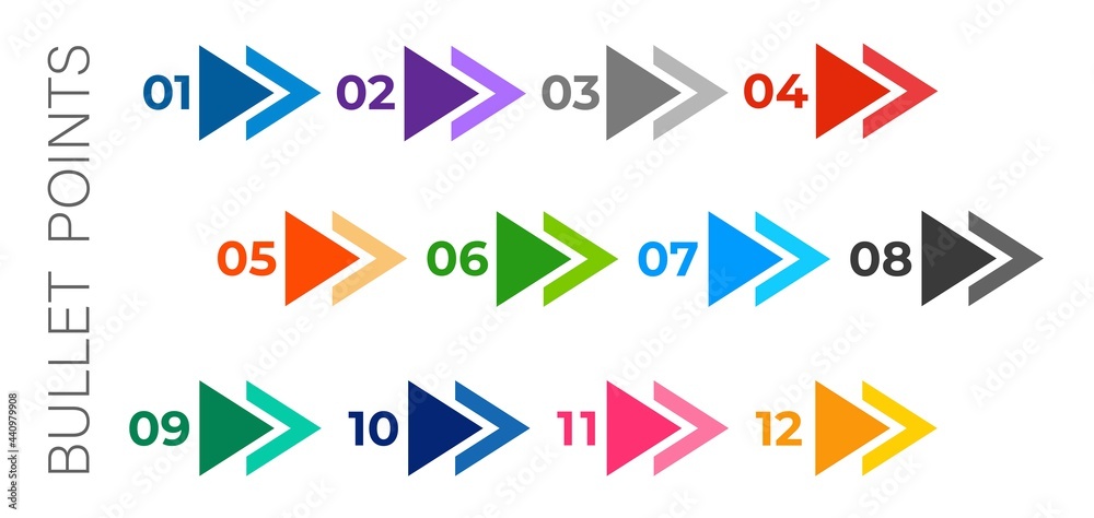 Colourful arrows set isolated on white background. Bullet points numbers from one to twelve. Colourful arrows set isolated on white background. Bullet points numbers from one to twelve.