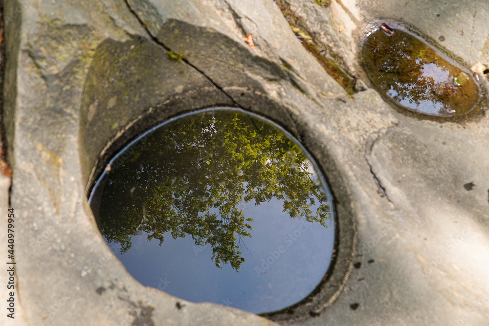 a well carved into a rock by a mountain river, rocks in the carpathians, background, nature, reflection in water, an eye from the water in a rock, a natural phenomenon, the power of water