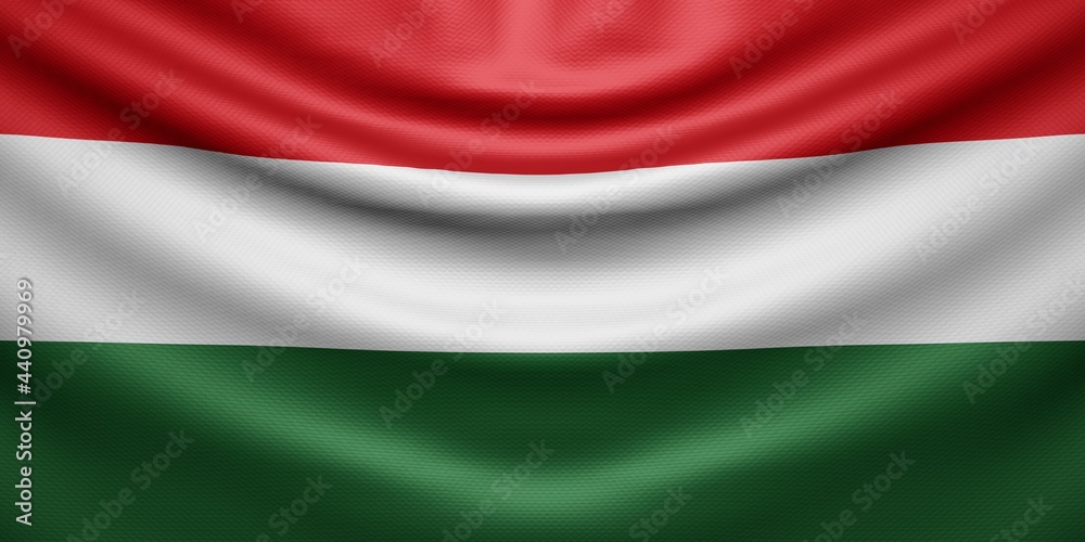 Hanging wavy national flag of Hungary with texture. 3d render.