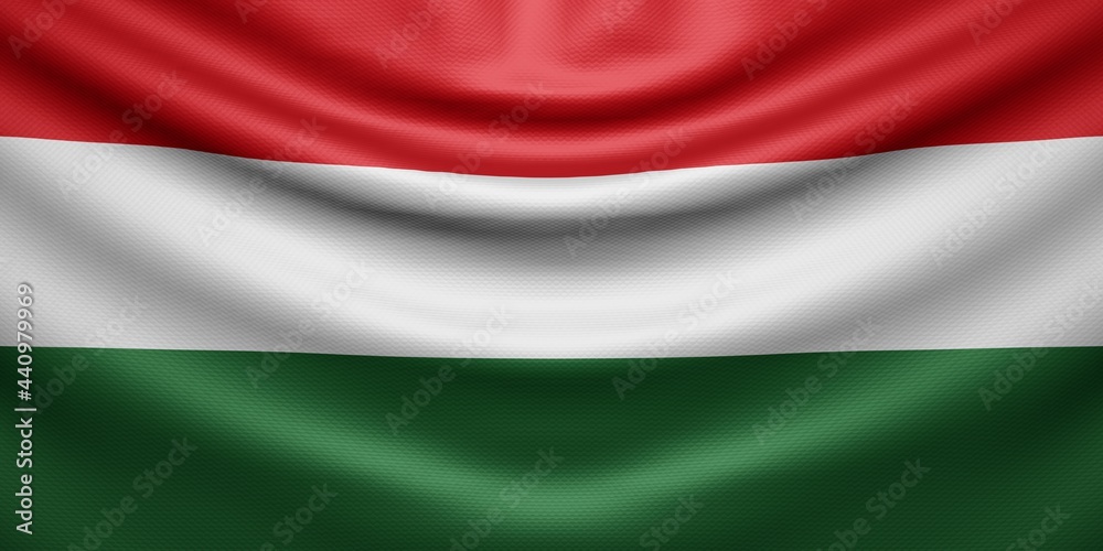Obraz premium Hanging wavy national flag of Hungary with texture. 3d render.