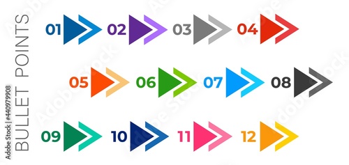 Colourful arrows set isolated on white background. Bullet points numbers from one to twelve.