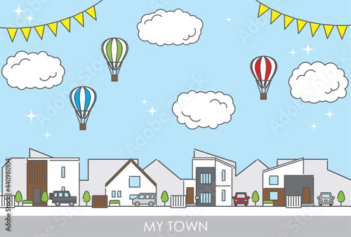 郊外の住宅街をイメージした街並みのイラスト素材