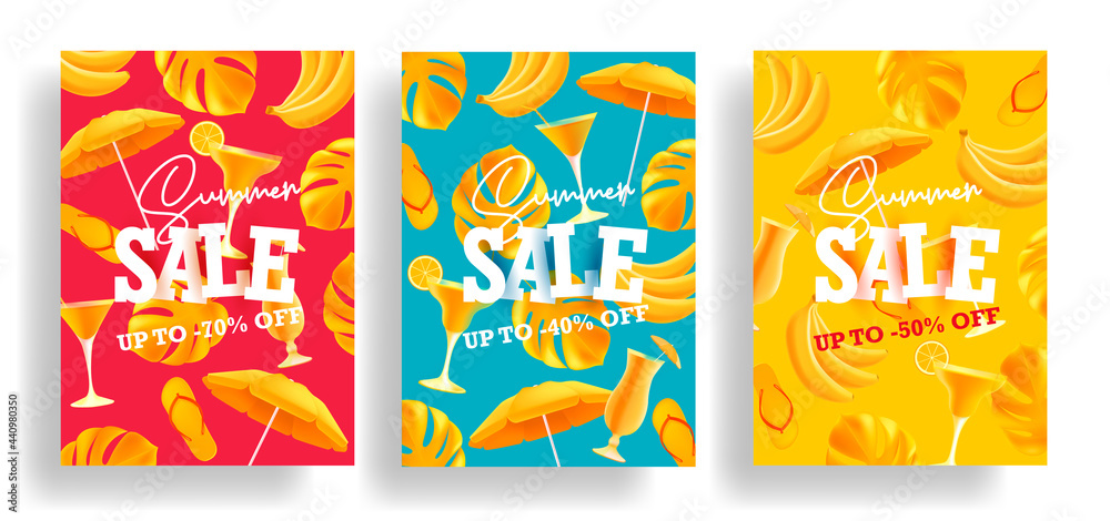Set of summer sale posters or web banners with mono color modern print pattern of yellow summer vacation attributes