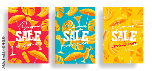 Set of summer sale posters or web banners with mono color modern print pattern of yellow summer vacation attributes