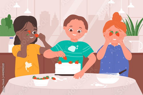 Chef kids cooking fun, sitting at kitchen table vector illustration. Cartoon happy children cook together, boy girl child confectioner character holding strawberries to decorate cake background