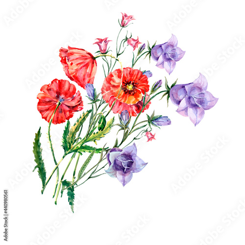 Wallpaper Mural Watercolor bouquet of flowers poppy with bluebell on white background. Torontodigital.ca