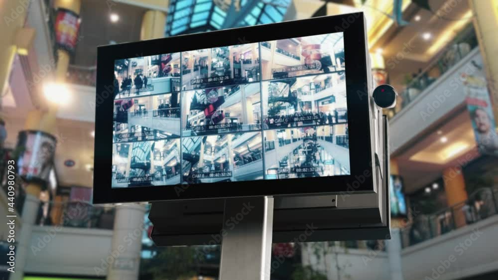 CCTV Security Cameras Mall Surveillance People Monitors Indoors. Split