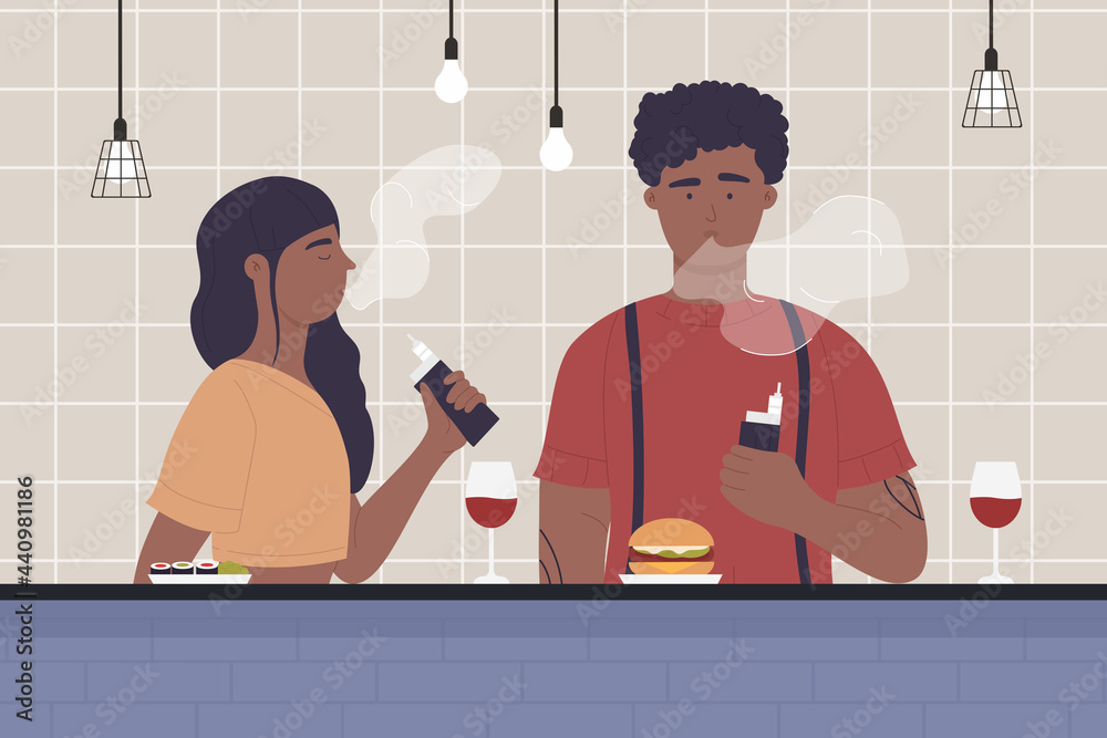 Couple people dating at bar, romantic love meeting scene vector  illustration. Cartoon young woman man characters sitting together, vaping,  eating and drinking red wine alcohol at date background Stock Vector | Adobe